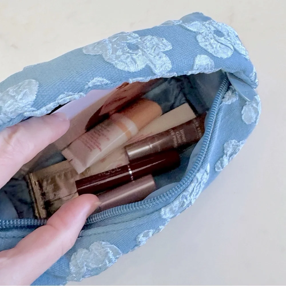 Ulta Beauty Denim Floral Stuffed Cosmetic & Make-Up Bag BUNDLE, Travel Samples